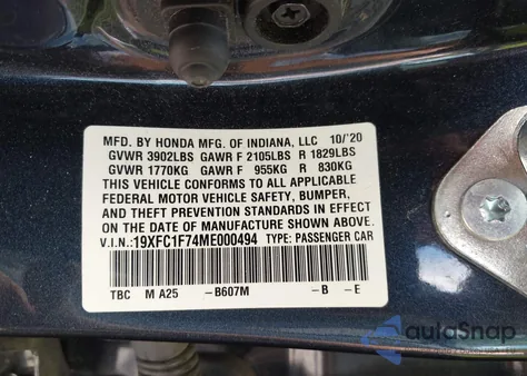 2021 Honda Civic Ex-L z USA, uszkodzony, nr VIN 19XFC1F74ME000494